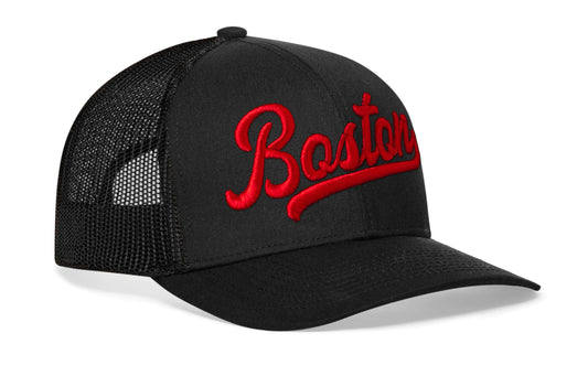 Boston Red Script Trucker Hat | Black Massachusetts Snapback