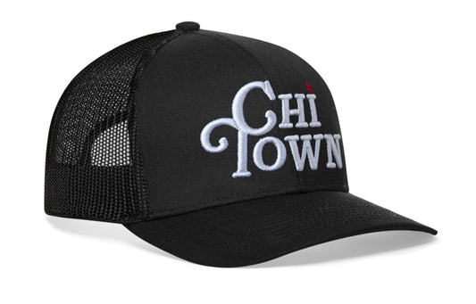 Chi Town White Script Trucker Hat | Black Illinois Snapback