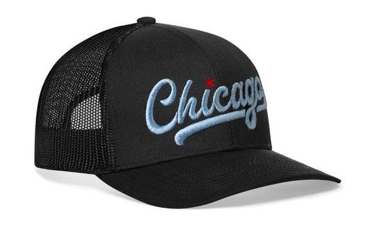 Chicago Light Blue Script Trucker Hat | Black Illinois Snapback