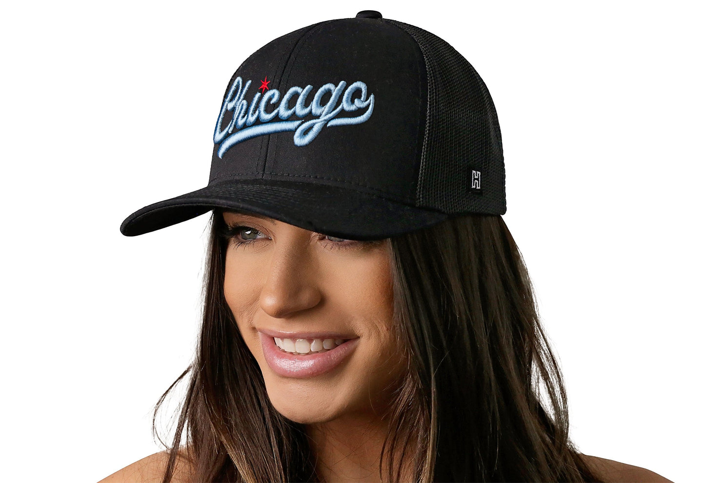 Chicago Light Blue Script Trucker Hat | Black Illinois Snapback