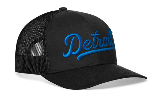 Detroit Blue Script Trucker Hat | Black Michigan Snapback