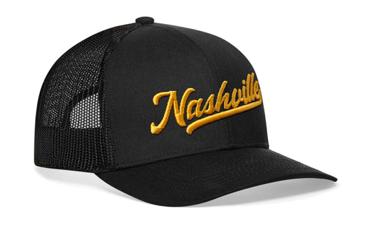 Nashville Gold Script Trucker Hat | Black Tennessee Snapback