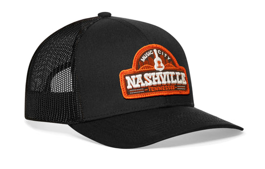 Nashville Music City Trucker Hat | Black Cityscape Snapback