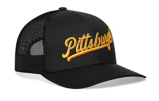 Pittsburgh Gold Script Trucker Hat | Black Pennsylvania Snapback