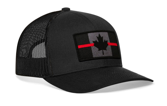 Thin Red Line Trucker Hat | Black Canadian Maple Leaf Tactical Snapback