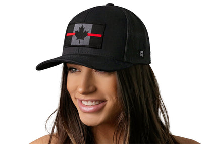 Thin Red Line Trucker Hat  |  Black Canadian Maple Leaf Tactical Snapback