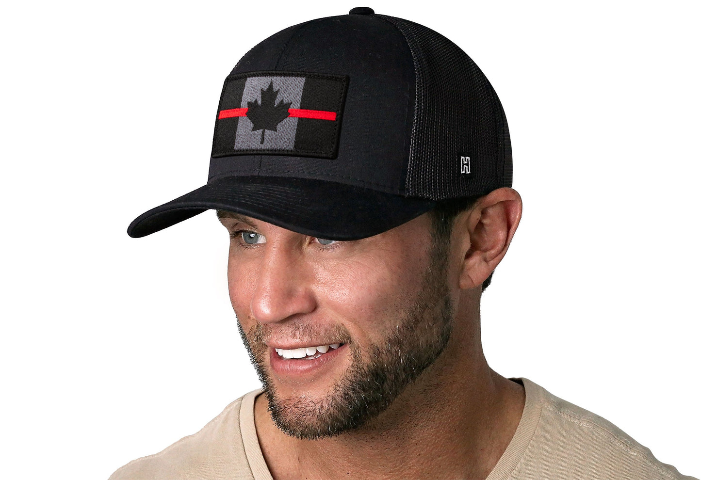 Thin Red Line Trucker Hat  |  Black Canadian Maple Leaf Tactical Snapback