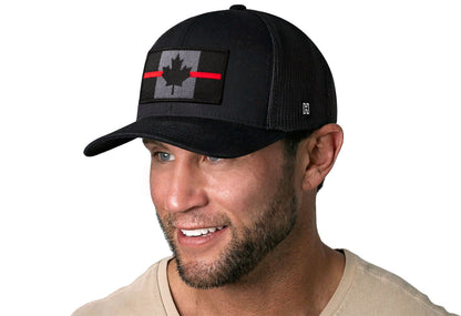 Thin Red Line Trucker Hat  |  Black Canadian Maple Leaf Tactical Snapback